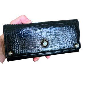 Henri Bendel Croc-Embossed Snap Leather Wallet Classic Stylish BLack/Fuschia